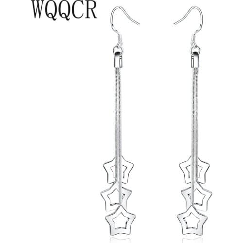WQQCR New Product New 925 Silver Jewelry Fashion Lady Noble Tassel Pentagram Silver Long White Hook Dangle Earrings Lady Gift