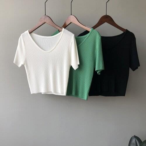 Summer Ice Silk Knitted T Shirt Women Clothes 2021 Korean Woman Short Sleeve Tees Tops Casual T-Shirt Female white Tshirt tops