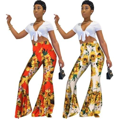 Women High Waist Casual Flower Slim Bodycon Bell Bottoms Pants Long Trousers