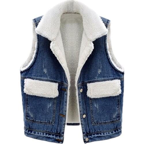 Womens Autumn Winter Sleeveless Thicken Warm Fleece Vintage Blue Denim Vest Female Winter Plus Size Short Waistcoat 5XL TB281