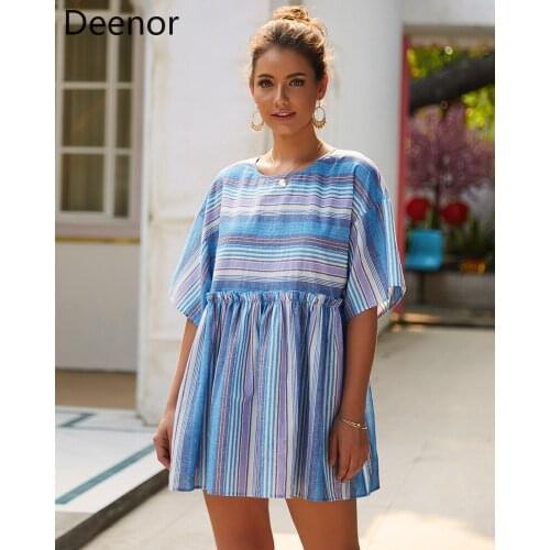 Deenor Blue O-neck Striped Women Dress Summer A-line Loose Long Sleeve Elegant Midi Dress Casual Holiday Lady mini Dress 2021