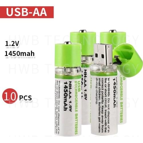 10PCS Portable AA Battery 1450mAh 1.2v USB Rechargeable Batteries USB CELL AA Rechargable Battery LED Indicator w Retail Box