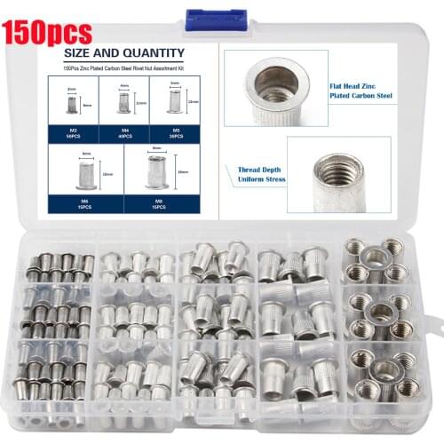 150PCS Alumimum Alloy Rivet Nuts M3 M4 M5 M6 M8 Kit With Box Flat Head Rivet Nut Threaded Rivet Insert Nutsert Cap