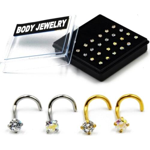 24Pcs/Box Round Zircon Prong Set Nose Screw Nose Ring Crystal Nose Stud Nail Piercing Body Jewelry CZ Gem Nose Bone Ring