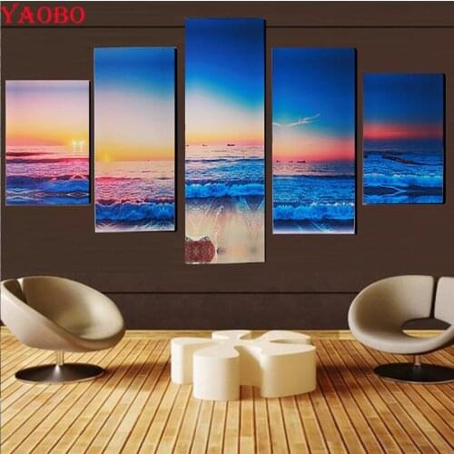 5 Pieces full drill square round diamond embroidery Beach & Sunset landscape diamond mosaic diamond painting rhinestones icon