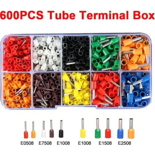 600pcs/box AWG22-14 0.5-2.5mm2 Tube Terminal Kit Set Insulated Wire VE Crimp Terminals Connector E1508 E1008 E2508 E7508 E0508