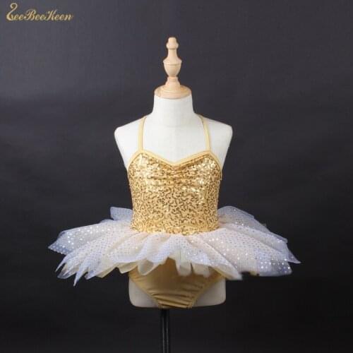 Girls Ballet Tutu Dress Gold Sequins Sling Skirt Party Dress Kid Stage Performance Show Costume Tutu Ballet Leotard Dance Dress