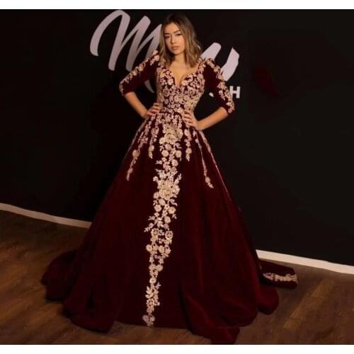 Burgundy Moroccan Kaftan Caftan Muslim Evening Dresses Ball Gown Half Sleeves Appliques Dubai Arabic Turkey Abaya Islamic Gown