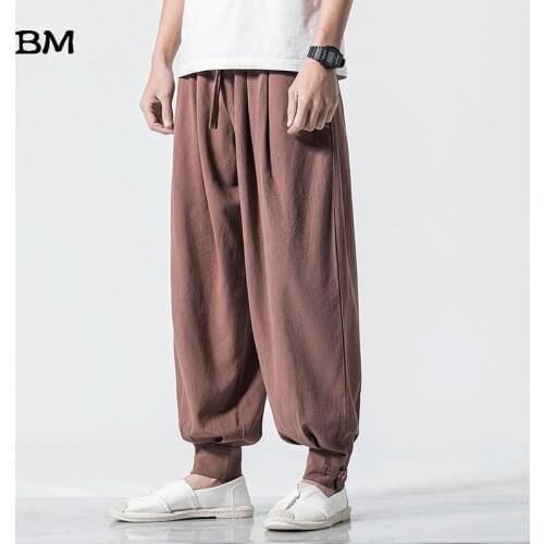 Chinese Style Sweatpants Ancient Style Linen Bloomers Casual Fashion Joggers Men Loose Large Size Sports Pants 5XL Trousers Male
