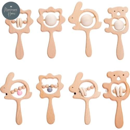 Wooden Beech Animals Teething Rattle Baby Play Gym Toy Infant Crib Spiral Stroller for 0-12 Months Newborn Educational Music Toy