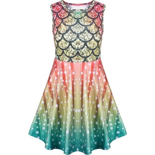 Kids Girls Mermaid Printed Dress 2020 New Arrival Children Cartoon Dress Summer Sleeveless Rainbow Vest Dress Age For 3-7Y