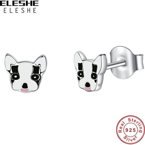 ELESHE 100% 925 Sterling Silver Stud Earrings for Women Loyal Partners French Bulldog Dog Animal Small Oorbellen Jewelry
