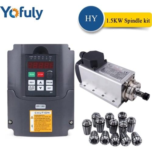 1.5kw HY VFD 220v/110v CNC Square Air Cooling Spindle Motor Kit 1500W Air-cooled Milling Spindle+HY Inverter+13pcs ER11 Collet