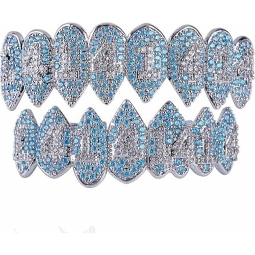 Blue Iced Out 1414 Grillz Bling AAA Cubic Zircon Top & Bottom Set Teeth Grillz Fashion Hip Hop Body Jewelry Gifts