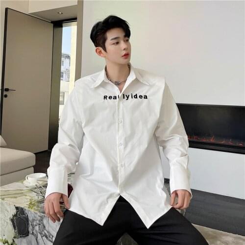Fashion Trends 2021 Spring Autumn Shirt Mens Korean Style Shoulder Pads Double Embroidery Casual Loose Solid White Dress Shirt