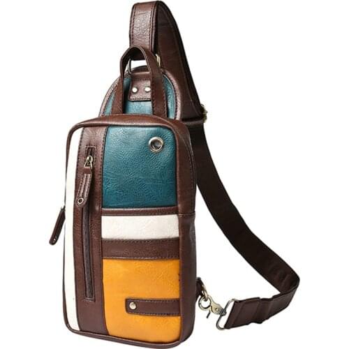 New Men PU Leather Sling Chest Day Back Pack Bag Multi Color Patchwork CrossBody Single Rucksack Shoulder Messenger Bags Brown