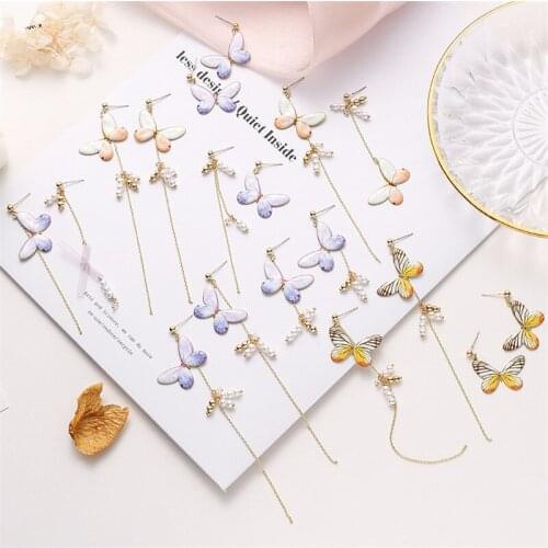 Original Hand-made Diy Earrings Women Butterfly Long Asymmetrical Pearl Tassel Stud Earring Spring Summer Sweet Fresh Dangler