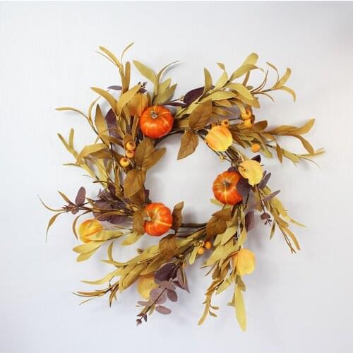 Autumn Harvest Wreath Front Door Orange Pumpkin Berry Wreath with Fall Leaf for Wedding Wall Hanging Ornamen Home Thanksgiving