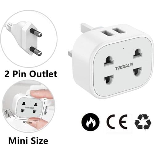 TESSAN Shaver Plug UK Power Strip 2 Pin to 3 Pin Adapter Plug Socket with 2 USB Ports EU US Plugs 10A Fused for Travel Trip