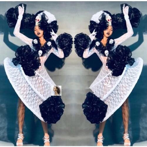 Stage Costumes Bar Nightclub Rave Party Outfit Women White Lace Huge Cake Skirt GoGo Show Time Wear Halloween Costume VDB3108