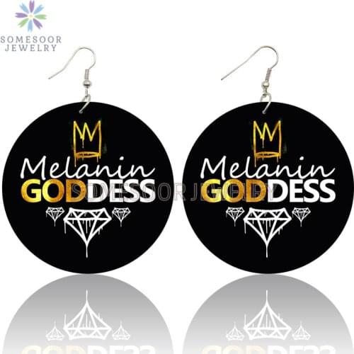 SOMESOOR Melanin Goddess Afro Queen Crown Wooden Drop Earrings Both Sides Printed Black Loops Dangle Jewelry For Women Gifts