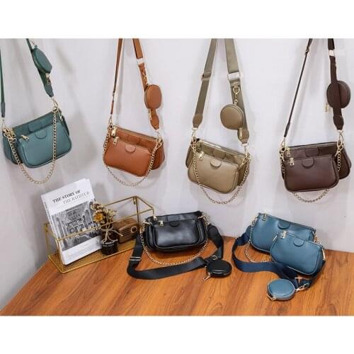 Fashion Chains Women Shoulder Bags Designer Wide Strap Crossbody Bag Luxury Pu Leather Messenger Bag Small Purse 3 Bags Set