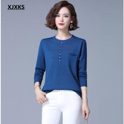 XJXKS Fashion button women thin sweater 2021 spring autumn new solid color all-match women sweater pullover