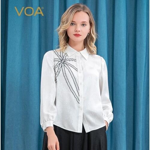 VOA 25m/m Silk Glossy White Jacquard Irregular Black Organza Collage Single-Breasted Long-Sleeved Shirt for Women BE165