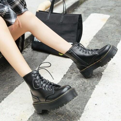 2021 Motorcyle Boots Black-Plush Woman Combat Boots High Heel Platform Lace Up Ankle Boots Women Winter Shoes White Boots Women