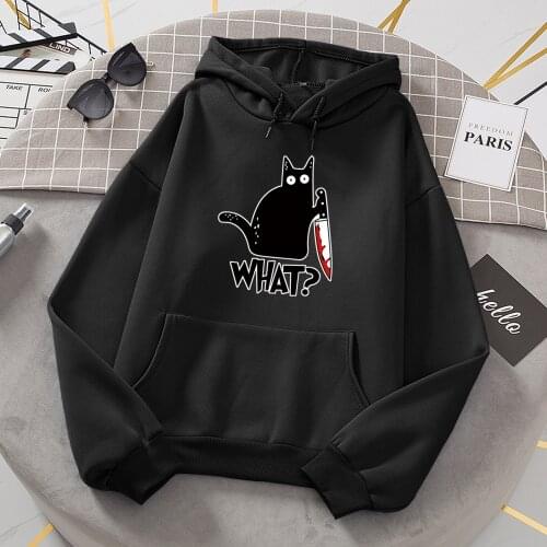 Cartoon Black Cat What Print Womens Hoodies Fashion Street Streetwear Personality Hip Hop Hoody Pullover Fleece Swetshirt Female