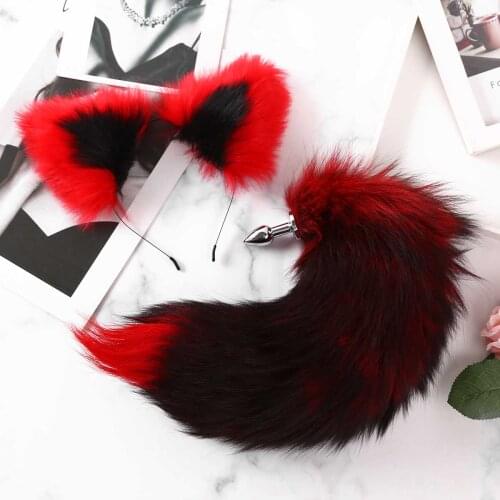 Women Erotic Cosplay Sex Costume Set Tail Metal Anal Butt Plug Toys with Faux Fur Animal Ears Headband Adults Sex Game Products
