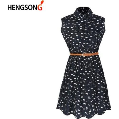 New Fashion Summer Women Shirts Dress Cat Footprints Pattern Show Shirt Dress Casual Sleeveless Dresses With Belt