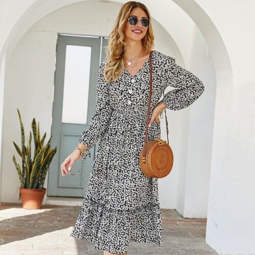 Elegant 2021 New Ladies Medium Long Floral Print Dress Women V Neck Single Breasted Full Length Slim Spring Summer Dress