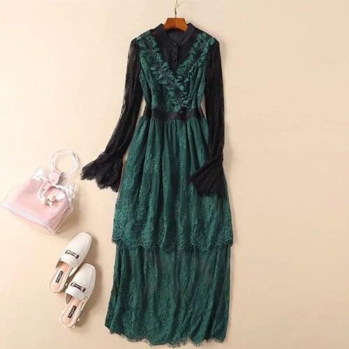 2021 Spring Summer Dress Mid Calf Long Sleeve Empire Crew Neck Flora Print Fashion Dress Lace