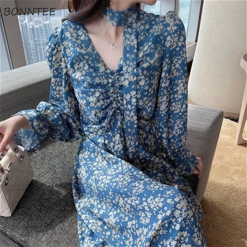 Dress Women Women French Style Chic Vintage Floral Fashion V-neck Party Holiday Ladies Vestido Casual Empire Femme Clothing New