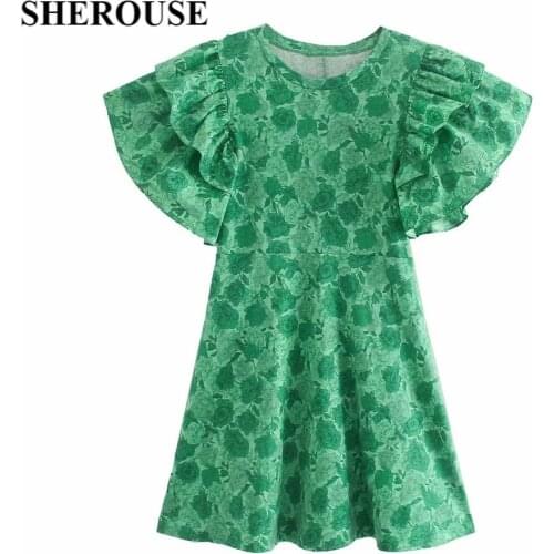 2021 Women Fashion Ruffled Floral Printed Mini Dress O-Neck Short Sleeves Vintage Female Dresses robe femme