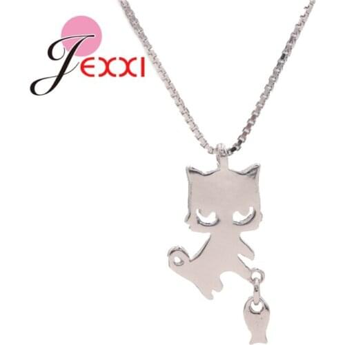 Hot Sale Real 925 Sterling Silver Smooth Surface Cute Little Cat Catching Fish Shape Necklace Charm Fashion For Women Silver