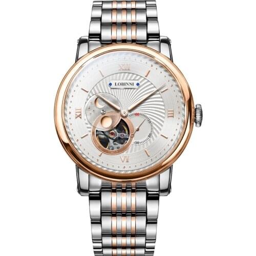 LOBINNI Mens 50M Waterproof Steel / Leather Strap Business Hollow-out Moon Phase Automatic Mechanical Wrist Watch - Rosegold