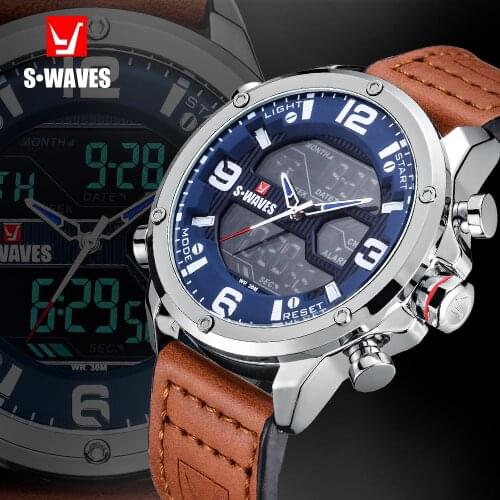 SWAVES Leather Watch Men Military Dual Display Fashion LCD Relojes Para Hombre Waterproof Unique Luxury Alarm Clock Mens Watches
