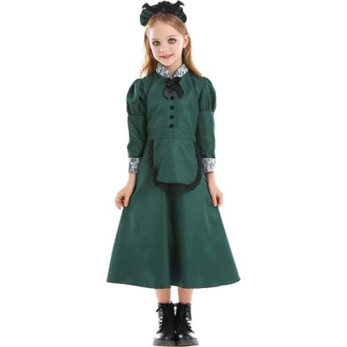 Kid Maid Cos Halloween Cosplay Costume Green Castle Bat Servant Housekeeper Dress European Style Waistband Long Sleeves Dreses
