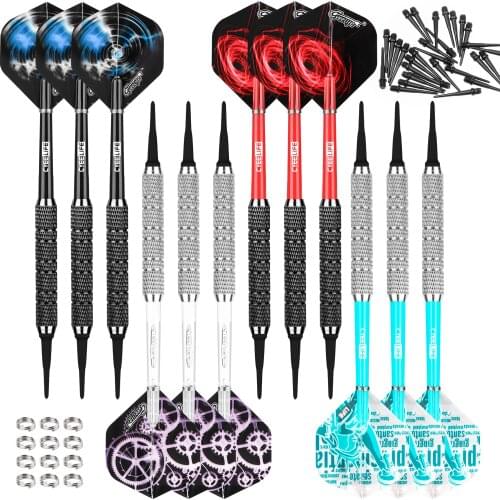 CyeeLife 16g Soft tip darts 12 Packs,12 PVC Shafts 4 Colors+12 Flights+30 Plastic Points+Metal Rings