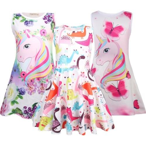 Unicorn Dresses For Girl 2-8 Years Full Printed Dinosaur Girls Dress Summer Kids Home Party Clothes Children Birthday Present