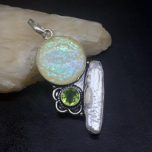 Gemstonefactory Jewelry Big Promotion 925 Silver Dichroic Glass Biwa Pearl Peridot Women Ladies Gifts Necklace Pendant 1275
