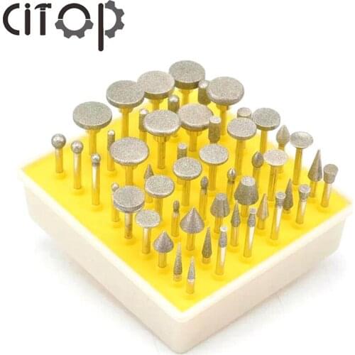 Citop 50Pcs/Set 3.17mm Shank Diamond Mounted Point Grinding Head Stone Jade Burring Carving Polishing Hollowing Engraving Tools