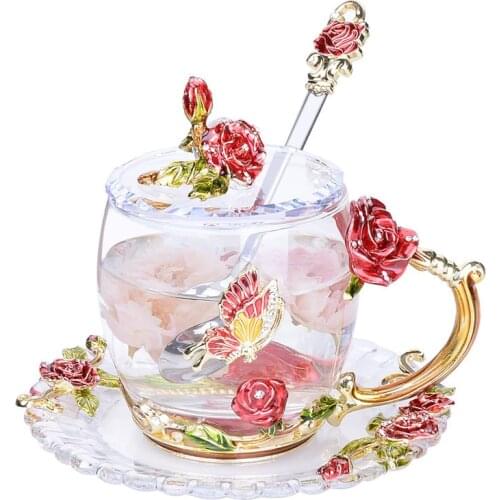 Color Enamel Glass Coffee Mugs Flower Tea Cups Heat Resistant Water Home Office Drinkware Lovers Gift
