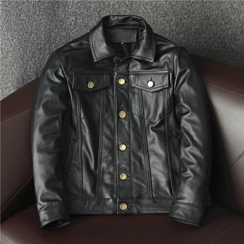 Cowboy Genuine Leather Jacket Cowhide Motorcycle Jacket Men Coat Short Sleeve Motor Bike Clothing Factory