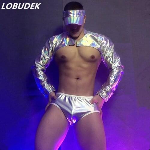 Muscle Man DJ Pole Dancing Costume Sexy Nightclub Bar Party Show Stage Performance Clothes Silver Laser Tops Briefs Hat Outfits
