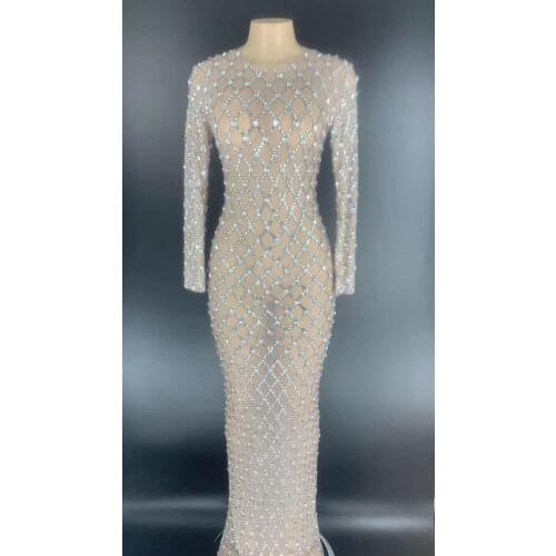 New Mesh Transparent Shining Rhinestones Long Sleeve Dress Birthday Celebrate Evening Party Prom Dress Bar Singer Stage Costume
