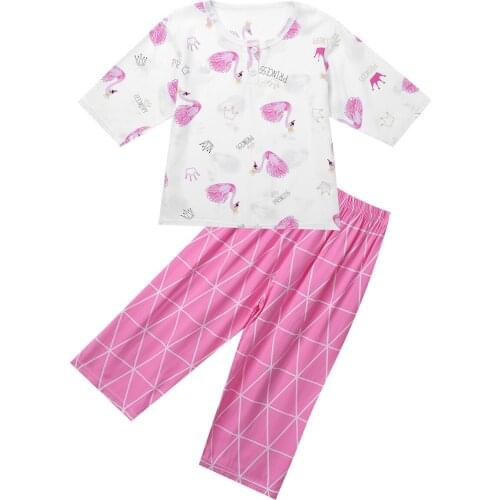 Girls Pajamas Set Summer Cotton Kids Sleepwear Suit Short Sleeves Cute Printed T-shirt Tops + Pants Children Pyjamas Homewear