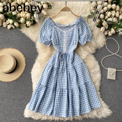 Women Korean Plaid Dress Sweet Puff Sleeve V Neck Lace Up A-line Ruffles Dresses Summer Casual Streetwear Short Dress